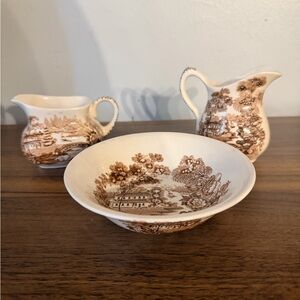 Set of 3 White & Brown Tonquin China Staffordshire England Mini creamers & Bowl